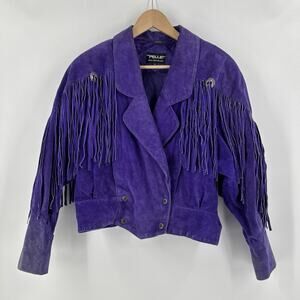 Vintage Pelle Western Leather Jacket Womens M Purple Fringe Cropped Cowgirl 90s